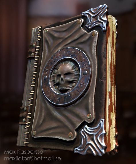 Necromancers spellbook, Max Kaspersson on ArtStation at https://www.artstation.com/artwork/OGnny Necromancer Book, Fantasy Wizard, Book Of The Dead, Eldritch Horror, Cthulhu Mythos, Leather Books, Male Portrait, Book Themes, Book Binding