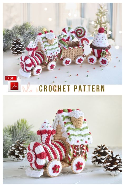 Crochet Christmas Train Amigurumi Patterns - DIY Magazine Free Christmas Patterns Crochet, Crochet Train Pattern, Crochet Christmas Gingerbread House, Free Crochet Gingerbread House Patterns, Crochet Gingerbread Train, Crochet Christmas Train Free Pattern, Christmas Decorations Crochet Patterns, Train Crochet Pattern Free, Crochet Train Pattern Free