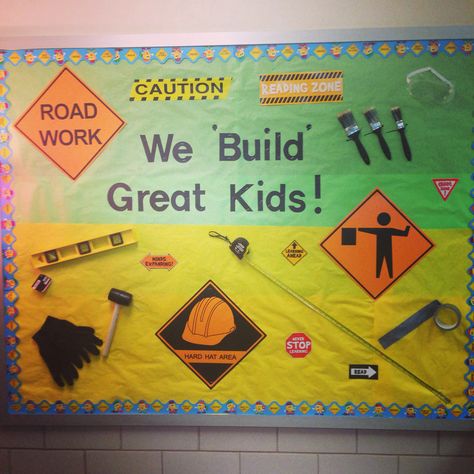 Construction Themed Bulletin Board Ideas, Construction Theme Bulletin Boards, Construction School Theme, Pta Themes, Building Leaders, Instructional Specialist, Construction Classroom, Pto Events, Construction Theme Classroom