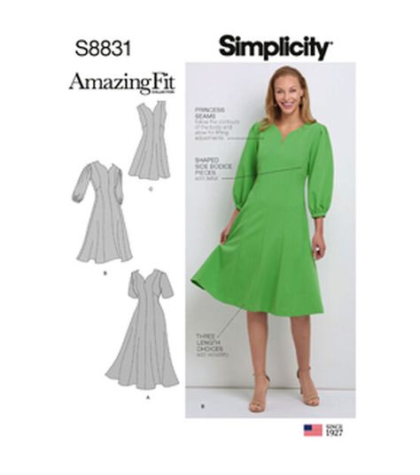 Simplicity S8831 Misses/Plus Dress Pattern Size 10-28W Fitted Dress Pattern, Embroidery Dress Pattern, Figure Flattering Dresses, Simplicity Dress, Pattern Dress Women, Dress Making Patterns, Miss Dress, Simplicity Sewing, Princess Seams