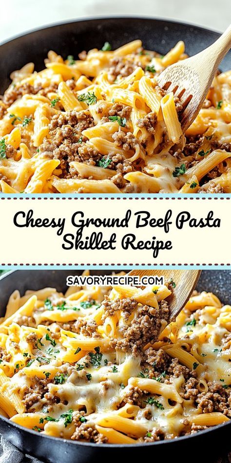 Craving a hearty, cheesy meal that’s quick to whip up? This Cheesy Ground Beef Pasta Skillet Recipe is your answer! Packed with flavor and done in one pan, it’s perfect for busy weeknights. Save this recipe for an easy dinner solution you’ll want to make again and again! Ground Beef Pasta Skillet, Cheesy Ground Beef Pasta, Beef Recipes Easy Dinners, Cheesy Ground Beef, Ground Beef Pasta Recipes, Beef Pasta Recipes, Pasta Skillet, Skillet Dinner Recipes, Savory Recipe