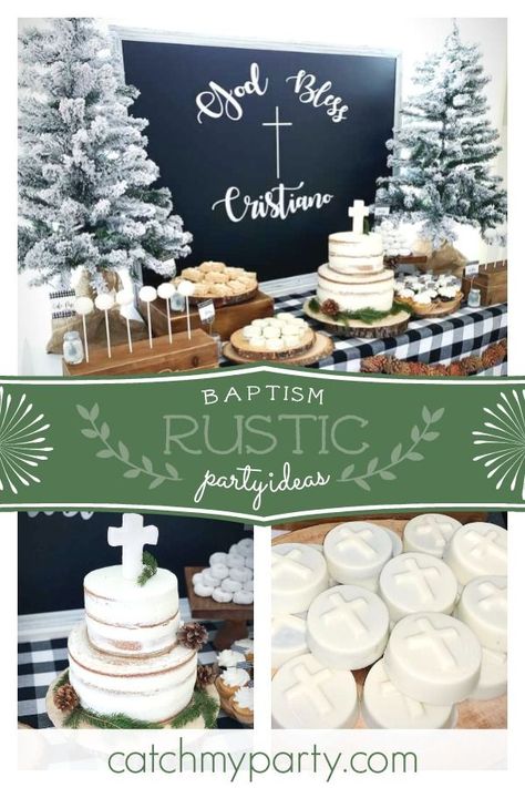 Check out this nice and cosy rustic winter baptism! The cake is so pretty See more party ideas and share yours at CatchMyParty.com #catchmyparty #partyideas #rustisbaptism #winterbaptism Winter Baptism Decor, Christmas Baptism Ideas, Rustic Party Ideas, Winter Baptism, Baptism Party Boy, Baptism Themes, Baby Birthday Party Decorations, Shark Party Decorations, Baby Party Decorations