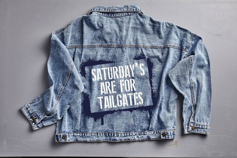 Custom Tailgate Graffiti College Denim Jacket | Graduation Gift | Graphic denim jacket Tailgating Outfits, Tailgate Outfit, White Denim Jacket, Oversized Denim Jacket, Denim Cotton, The Ultimate Gift, Pittsburgh Pa, School Colors, Workout Jacket