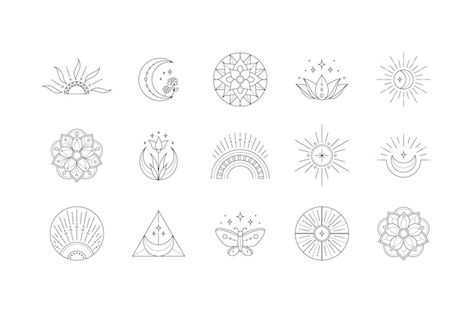 Linear bohemian logo set boho icons flor... | Premium Vector #Freepik #vector #sun #sunrise #sign #modern Sun Line Art, Line Art Sunset, Boho Sunrise, Sunrise Logo, Mandala Sun, Boho Icons, Mandala Logo, Bohemian Logo, Sun Abstract