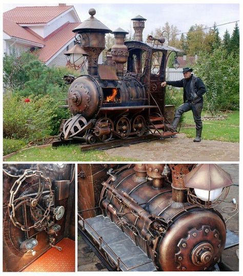 BBQ Train Steampunk Locomotive, Custom Bbq Pits, Steampunk Vehicle, Steampunk Artwork, Steampunk Tendencies, Steampunk Decor, Old Trains, Bbq Pit, Iron Work