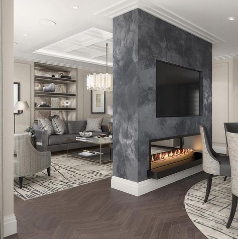 Love this idea of a two way fireplace dividing the dining room and family room. By @sophiepatersoninteriors Sophie Paterson Interiors, Sophie Paterson, Dining Room Fireplace, Home Fireplace, Livingroom Layout, Living Room With Fireplace, Fireplace Design, Tehran, A Living Room