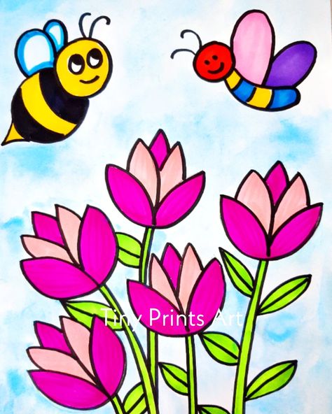 Flowers and insects Drawing Ideas For Kids, A Art Ideas For Kids Drawing, Rama Art, Insects Drawing, Kids Art Ideas, Subject Drawing, Flower Drawing For Kids, Butterfly Watercolor Painting, Cartoon Drawing For Kids, Drawing Pictures For Kids