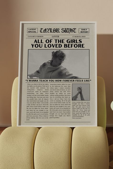 All Of The Girls You Loved Before, Taylor Swift Newspaper, Taylor Swift Room Decor, Retro Newspaper, Swift Party, College House, Taylor Swift Party, Newspaper Print, Vintage Coquette