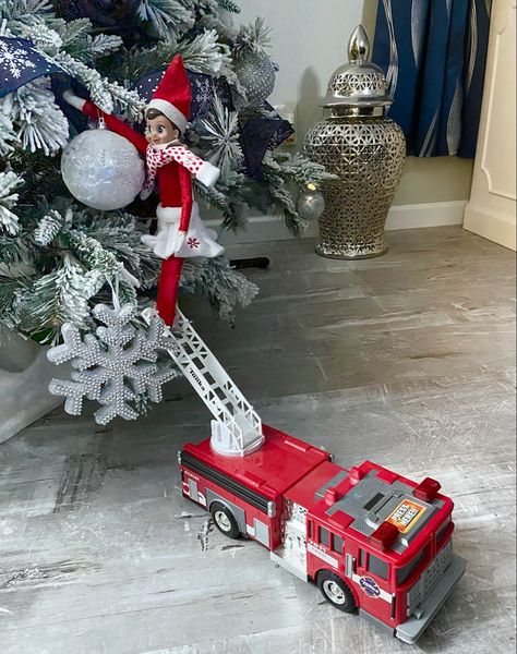 Tractor Elf On The Shelf, Elf On The Shelf Firefighter Ideas, Elf On The Shelf Fire Truck, Elf On The Shelf Ideas With Monster Trucks, Elf Monster Truck, Elf On The Shelf Tractor, Elf On The Shelf Truck Ideas, Elf On The Shelf Ideas With Cars, Elf On The Shelf Dump Truck