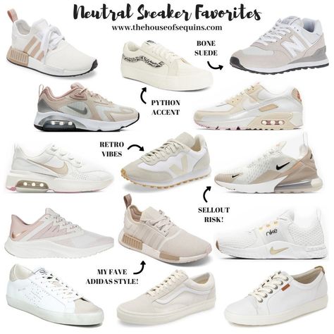 Blogger Sarah Lindner of The House of Sequins sharing neutral sneakers. Neutral Tennis Shoes Outfit, New Balance Trendy Shoes, Spring 2024 Sneakers, Trendy Sneakers 2024, Spring Shoes 2024, Pe Fits, Adventure Clothes, Old Sneakers, Neutral Sneakers