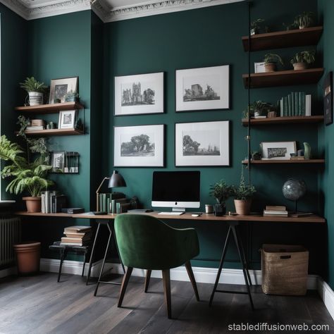 Dark Academia Home Office | Stable Diffusion Online Dark Academia Office Ideas, Dark Wall Office, Dark Green Academia Aesthetic, Academia Home Office, Dark Academia Home Office, Dark Green Office, Green Academia Aesthetic, Dark Green Academia, Dark Academia Office