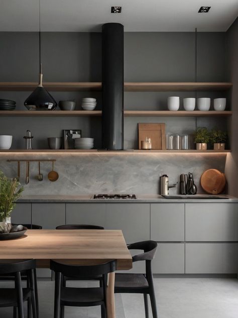 10 Grey Kitchen Ideas to brighten your space - homezille Charcoal And Cream Kitchen, Kitchen Dark Grey Floor, Dark Kitchen Ideas Modern, Grey Kitchen Colour Scheme, Kitchen Dark Grey Cabinets, Kitchen With Grey Tiles, All Grey Kitchen, Industrial Black Kitchen, Kitchen Hardware Black