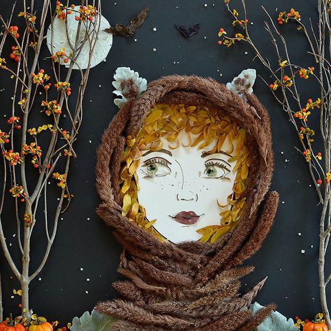 portraits of enigmatic women using flowers, greenery, sand and other organic objects - Album on Imgur Kunst Collages, Leaf Crafts, Pressed Flower Art, Art Et Illustration, Flower Prints Art, Art And Illustration, Nature Crafts, Arte Floral, Leaf Art