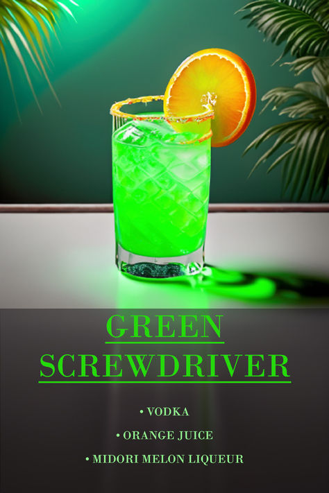 Green Alcoholic Drinks For A Party, Green Alcoholic Drinks, Screwdriver Cocktail, Bartender Drinks Recipes, Bartender Drinks, Iced Drinks Recipes, Pretty Alcoholic Drinks, Candy Cocktails, Cocktail Drinks Alcoholic