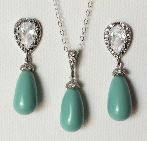 Teardrop Silver Earrings, Pearl Wedding Jewelry Sets, Cyan Color, Jade Wedding, Pastel Teal, Mint Pastel, Aqua Jewelry, Pearl Jewelry Set, Earrings Necklace Set