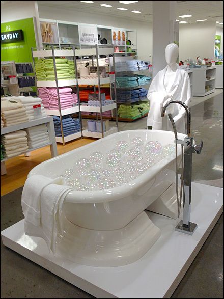 Bubble Bath in Center Store at JCP Window Display Retail, Outdoor Tub, Bath N Body Works, Retail Signage, Window Display Design, Bathroom Showrooms, Showroom Interior Design, Store Windows, Retail Merchandising