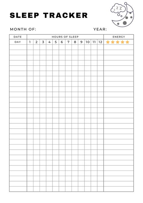 Sleep Tracker Template, Bullet Journal Outline, Printable Sleep Tracker, Energy Tracker, Sleep Tracker Bullet Journal, Mood Tracker Digital, Hours Tracker, Sleep Chart, Sleep Diary