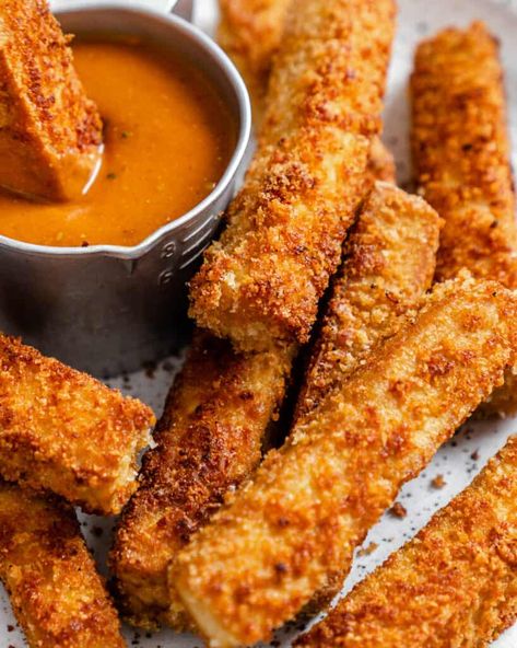 Make super crispy breaded tofu sticks with just 5 base ingredients and a pan, oven, or air fryer. Delicious, versatile, and easy to make gluten-free and adapt with your seasoning and coating of choice! #vegan #breaded #tofu #strips Breaded Tofu, Fry Bake, Pan Fried Tofu, Vegetarian Barbecue, Gluten Free Bread Crumbs, Pan Fry, Baked Fries, Crispy Tofu, Baked Tofu