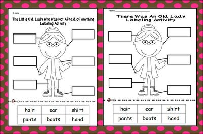 FREE labeling cut & paste sheets for The Little Old Lady Who Was Not Afraid of Anything and There Was an Old Lady Kinder Literacy Centers, Labeling Activities, Literature Activities, Kindergarten Language Arts, Kindergarten Themes, Fall Kindergarten, Teaching Time, Library Lessons, Reading Centers