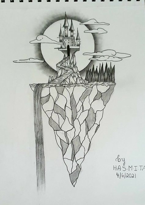 Floating Mountains Drawing, Floating Island Drawing Simple, Floating Castle, Mountain Sketch, Sketches Ideas, Nature Art Drawings, Floating Island, Floating City, Doodle Ideas