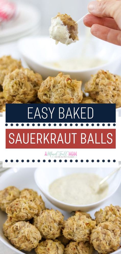 A paleo and gluten-free dinner appetizer idea for cold nights! Easy Baked Sauerkraut Balls is a hearty winter recipe that is baked instead of fried and full of tangy sauerkraut. Serve them with 3 different dipping sauces to have the best food for the cold weather. Sauerkraut Balls Baked, Things To Do With Sauerkraut, Things To Eat With Sauerkraut, Gluten Free Oktoberfest Food, Saurkraut Balls Baked, Recipe Using Sauerkraut, Sauerkraut Appetizer Recipes, Saurkraut Balls Dipping Sauce, Saurkraut Recipes Appetizers