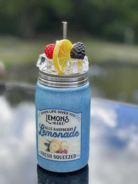 Lemonade Tumbler Ideas, Lemonade Mason Jar, Lemonade Tumbler, Cup Toppers, Blue Raspberry Lemonade, Cup Inspiration, Tumblr Cup, Cricut Cups, Tumbler Cups Personalized