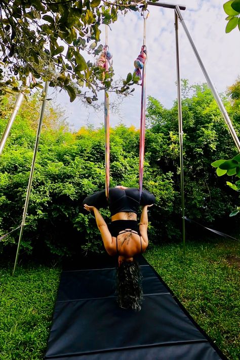 image of a woman in a badaconasa (yoga inversion) using an aerial yoga hammock and rig Yoga Trapeze, Air Yoga, Aerial Yoga Hammock, Aerial Yoga Poses, Aerial Hammock, Yoga Anatomy, Yoga Inspo, Yoga Pictures, Yoga School