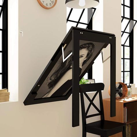 Folding Table That Doubles As An Art Piece Wall Table Folding, Dining Table Wall, Fold Up Desk, Murphy Desk, Small Space Hacks, Fold Out Table, Wall Mounted Table, Kitchen Desks, Set Meja Makan