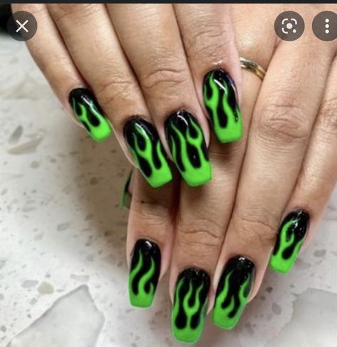 Green Flame Nails, Black Flame Nails, Liner Nail Art, Flame Nails, Flame Nail Art, Red Nail Art Designs, Neon Green Nails, Orange Nail Designs, Neon Nail Polish