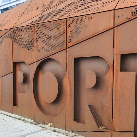 Dublin Port Authority Entrance Warehouse Facade, Environmental Graphics Signage, Steel Cladding, Metal Facade, Exterior Signage, Ceiling Art, Creative Hub, Entrance Sign, Concept Board