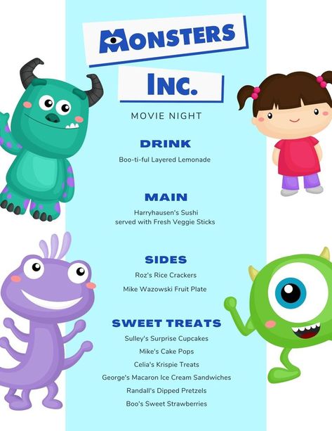 Monsters Inc Movie Night, Monsters Inc Food, Movie Themed Dinner Ideas, Disney Food Recipes, Themed Dinner Nights, Disney Dinner And Movie Night, Monsters Inc Birthday Party Ideas, Disney Movie Themed Dinner, Disney Nights