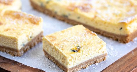 This yummy, zesty passionfruit slice is a lovely alternative to a cheesecake, and it’s much more foolproof. Bake in a low oven then let it set overnight in the fridge. Fridge Cheesecake, Slice Dessert, Passionfruit Slice, Peppermint Slice, Cheesecake Slice, Sour Cream Cheesecake, Jelly Slice, Peppermint Cheesecake, Cream Cheesecake