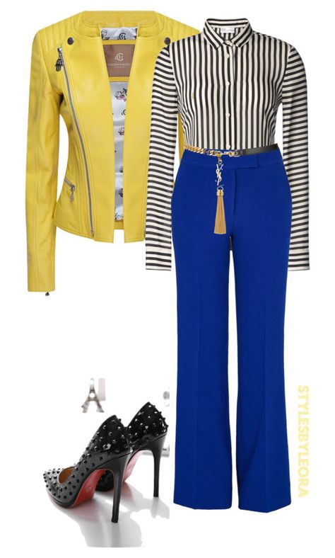 Untitled #331 by spoiledb25 on Polyvore featuring polyvore, fashion, style, RED Valentino, Essentiel, Yves Saint Laurent and clothing Red Blue And Yellow Outfit, Royal Blue Pants Work Outfit Women, Blue Black And White Outfit, Royal Blue Pants Outfit Work, Royal Blue Pants Outfit, Black Suit Combinations, Blue Pants Outfit, Royal Blue Pants, Blue And White Outfits