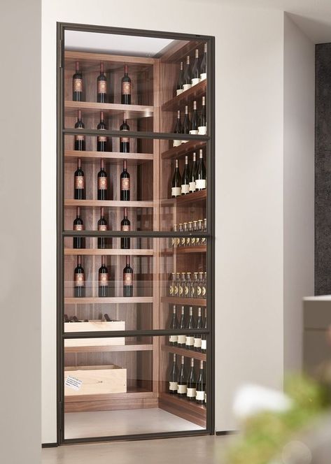 White Oak Wine Cellar, Modern Wine Closet, Kitchen Wine Glass Storage, Glass Wine Wall, Wine Cellar Small, Wine Cellar Closet, Wine Cellar Modern, Under Stairs Wine Cellar, Modern Wine Storage