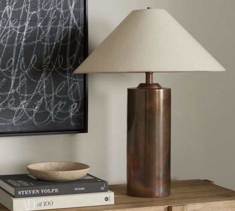 Saint Metal Table Lamp (24") | Pottery Barn Tall Nightstand Lamps, Marsh House, Lamp Pottery, Tall Nightstands, Brass Lamps, The Harp, Bronze Table Lamp, Metal Table Lamp, Bronze Table