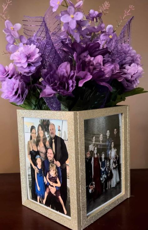 Frame Centerpiece Ideas, Picture Frame Centerpiece Ideas, Picture Frame Centerpiece, Family Reunion Centerpieces, Family Reunion Ideas, Reunion Centerpieces, Ribbon Flowers Bouquet, Vase Centerpiece, Tree Family