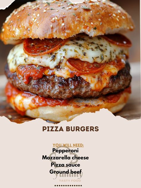 🍔 "Pizza Burgers—your favorite pizza toppings on a juicy burger! Perfect for a fun and delicious twist on dinner. 🍕🍔 #PizzaBurger #DinnerDelight" Pizza Burgers Ingredients: Ground beef (1 lb) Pizza sauce (1/2 cup) Mozzarella cheese (1/2 cup, shredded) Pepperoni (1/2 cup, sliced) Hamburger buns (4) Italian seasoning (1 tsp) Salt and pepper (to taste) Instructions: Preheat grill to medium-high. Mix ground beef with Italian seasoning, salt, and pepper. Form into patties. Grill patties for 4-... Juicy Burger, Simple Family Meals, Budget Family Meals, Pizza Burgers, Seasoning Salt, Hamburger Buns, Pizza Toppings, Easy Family Meals, Pizza Sauce