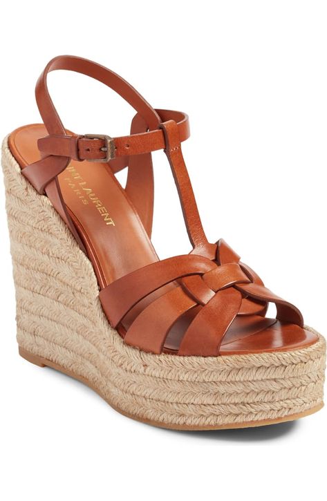 Saint Laurent Tribute Espadrille Wedge (Women) | Nordstrom Brown Wedge Sandals, Estilo Hippie, Minimalist Shoes, Brown Leather Sandals, Leather Espadrilles, Espadrille Wedge, Wedge Heel Sandals, Fashion Heels, Espadrille Sandals