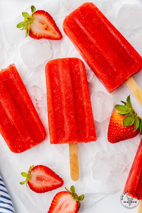 Strawberry Popsicles - Ice Cream From Scratch Banana Popsicle Recipes, Ice Cream From Scratch, Creamy Popsicles, Chunky Monkey Ice Cream, Easy Popsicle Recipes, Sugar Free Popsicles, Homemade Fruit Popsicles, Strawberry Banana Milkshake, Strawberry Popsicles