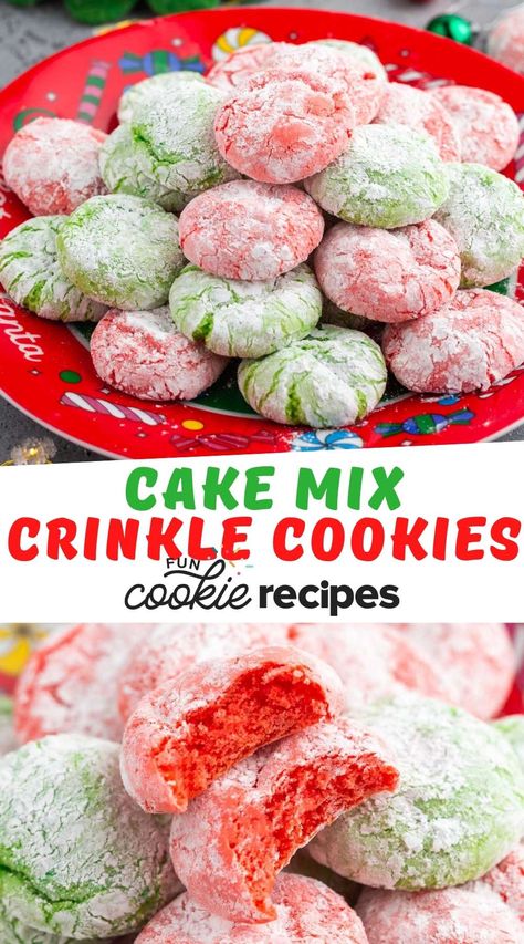 These easy Christmas Cake Mix Crinkle Cookies are made with just 4 simple ingredients in half an hour! You will love the flavor, the beautiful crinkle tops, and the vibrant color of these cookies. Crinkle Cookies Recipe Cake Mixes, Crinkle Cookies Cake Mix, Cake Mix Crinkle Cookies, White Cake Mix Cookies, Fun Cookie Recipes, Christmas Crinkle Cookies, Easy Christmas Cake, Powdered Sugar Cookies, Gluten Free Cake Mixes