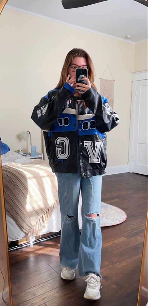 Blue Letterman Jacket Outfit, Vintage Letterman Jacket Outfit, Letterman Jacket Outfit, Letterman Jacket, Mood Board Fashion, Jacket Outfits, Boyfriend Jeans, Blue Jeans, Lookbook