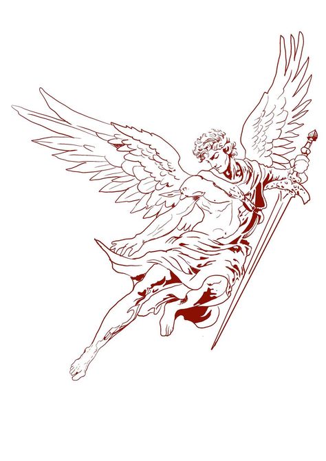 Guardian Angel Sketch, Guardian Tattoo, Beautiful Angel Tattoos, Guardian Angel Tattoo Designs, Archangel Michael Tattoo, Icarus Tattoo, St Michael Tattoo, Angel Sketch, Guardian Angel Tattoo