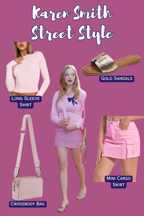 Karen Smith Mean Girls outfit inspiration: Gold flat sandals, pink cargo mini skirt, and a long-sleeve shirt. Pretty in pink perfection! 💖 #MeanGirlsStyle #KarenSmithInspo #PinkFashion #GoldSandals Karen From Mean Girls Outfit, Mean Girls Karen Smith Outfit, Karen Mean Girls Outfit, Karen Smith Halloween Costume, Karen Smith Outfit, Gold Street Style, Mean Girls Halloween, Mean Girls Party, Mean Girls Outfits