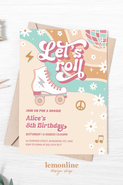 Get ready to boogie with our groovy disco roller skate birthday party invitation! Our invitation is for any age and it captures the retro vibe with vibrant colors, shimmering disco ball, and retro roller skates. Lace up your skates and get ready to boogie the night away. Let the good times roll! #RollerSkateparty #skatinginvitation #rollerskateinvite #let'sroll #skatingbirthday #Rollerinvitation #Skateinvitation #Skateparty #rollerskating #skatinginvite #rollerdisco Let The Good Times Roll Party Theme, Let The Good Times Roll Skate Party, Lets Roll Skate Party, Roller Disco Party Invitation, Rollerskating Party, Disco Roller Skating, Roller Skate Invitations, Roller Skate Party, Skate Invitations