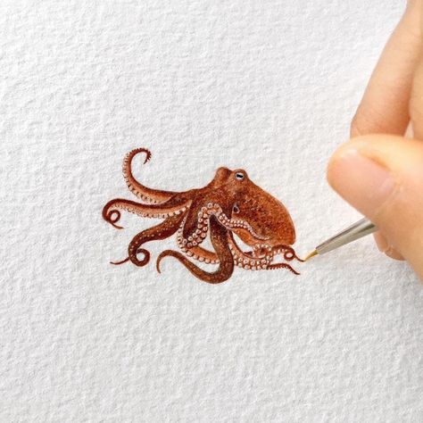 Pacific Octopus, Giant Pacific Octopus, Octopus Painting, Watercolor House Painting, Owl Artwork, Painting Unique, Tiny Art, Octopus Art, Original Watercolor Art