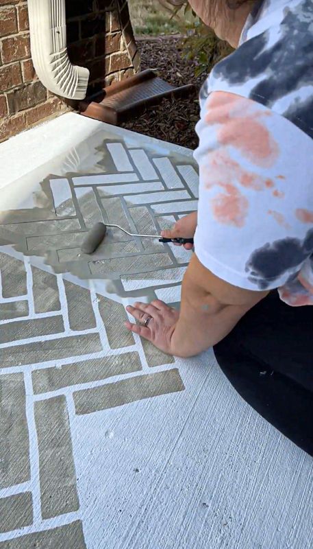 Let's Stencil A Concrete Front Porch - The Morris Mansion Front Porch Stencil Concrete Floors, Painted Patio Concrete, Porch Stencil Concrete, Front Porch Stencil, Painting Concrete Patio, Concrete Porch Makeover, Stenciled Patio, Painted Concrete Patio, Painted Cement Patio