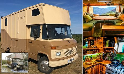 Man spends £15,000 converting a horse box into a plush 'log cabin van' Horsebox Conversion Camper Van, Horse Box Conversion Interior, Horsebox Conversion, Nomadic Living, Horse Box Conversion, Mercedes Vario, Guy Williams, Mercedes Camper, Motorhome Conversions