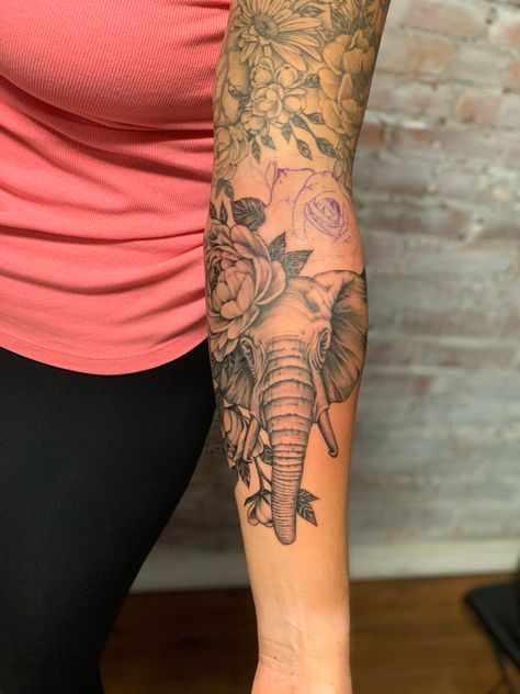 Elephant Tattoo On Forearm, Elephant Shin Tattoo, Elephant Tattoos With Flowers Half Sleeves, Elephant Sleeve Tattoos For Women, Elephant Ear Tattoo, Elephant Sleeve Tattoo, Elephant Wrist Tattoo, Arm Elephant Tattoo, Inner Arm Tattoos