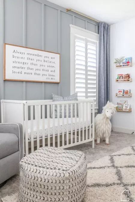 Grey Nursery Accent Wall, Gray Nursery Accent Wall, Boothbay Gray Nursery, Nursery With Blue Accent Wall, Gender Neutral Nursery Gray Walls, Baby Boy Nursery Blue And Gray, Blue Walls Nursery, Blue Nursery Paint Colors, Nursery Gray Walls