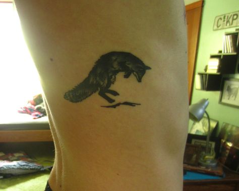 Jumping fox, Done by Scott Santee, Memento Tattoo, Columbus OH Memento Tattoo, Jumping Fox, Underboob Tattoo, Fox Tattoo, Nature Tattoos, Simple Tattoos, Traditional Tattoo, Front Page, Cool Tattoos